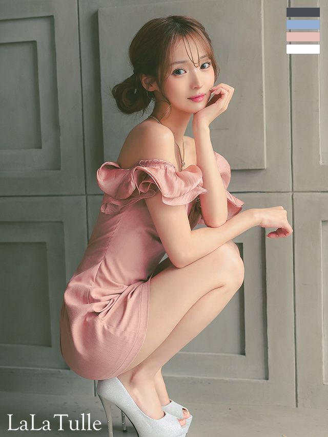 肩あき バストチャーム ビジュー 半袖 ガーリー フリルスリーブ フレアミニドレス
