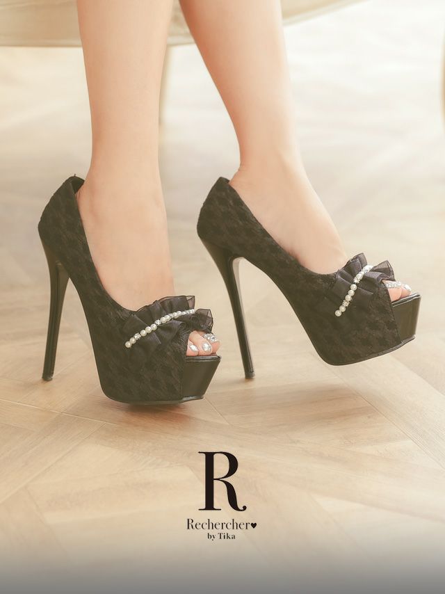 キャバヒール パール×ギャザー千鳥柄 オープントゥ パンプス