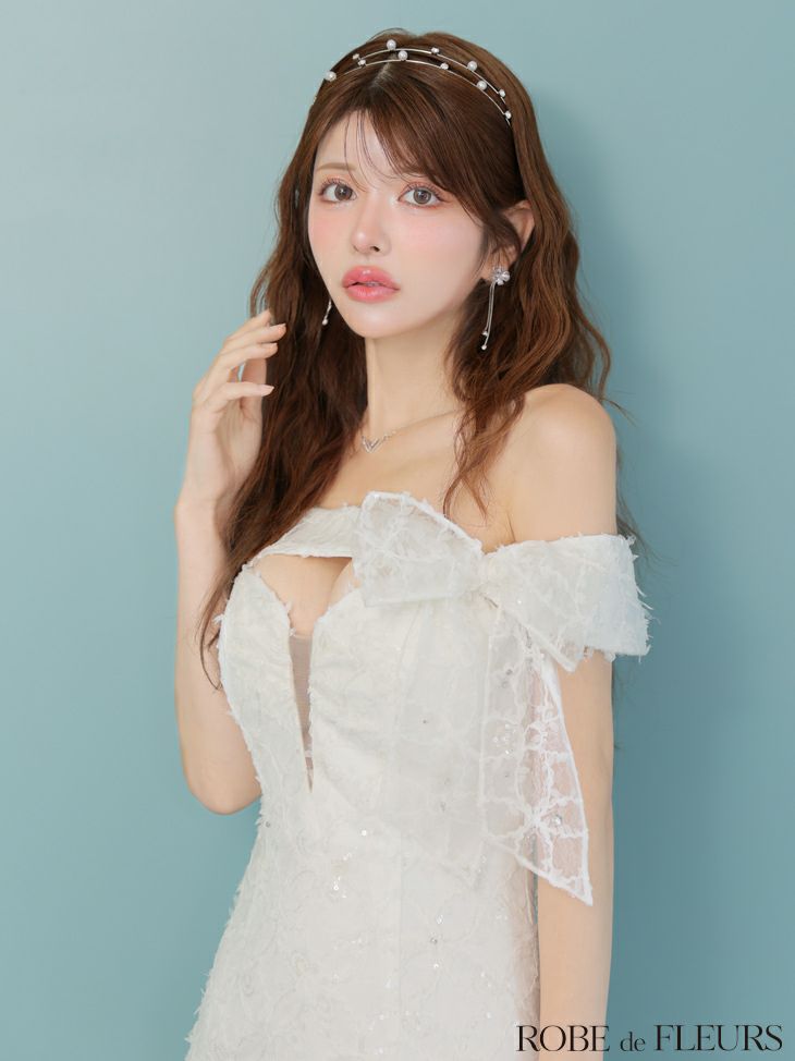オフショルダー リボン レース バストカット ガーリー フレアミニドレス