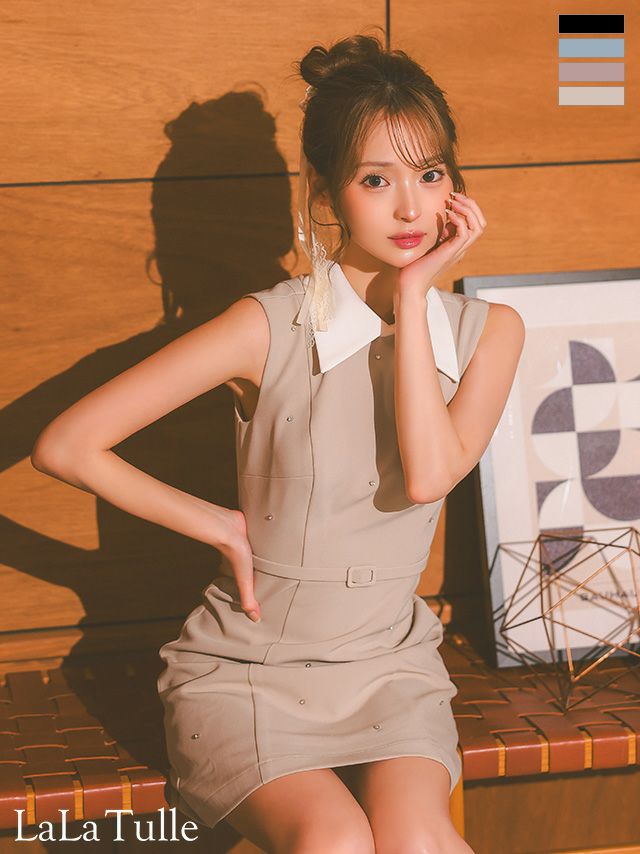 襟付き ノースリーブ ベルトデザイン ビジュー シンプル タイトミニドレス