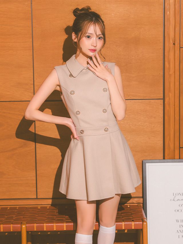 ダブルボタン シンプル ノースリーブ メルトン 襟付き プリーツ フレアミニドレス