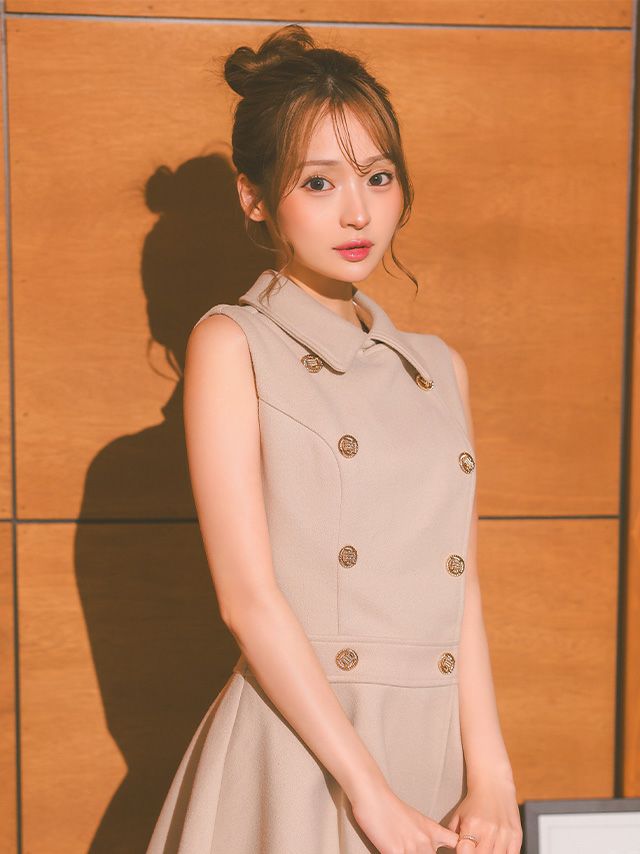 ダブルボタン シンプル ノースリーブ メルトン 襟付き プリーツ フレアミニドレス