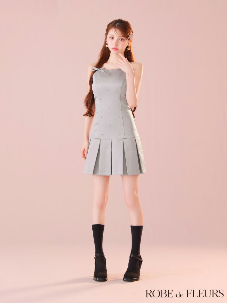 リボン ボックスプリーツ ビジュー キャミソール ガーリー フレアミニドレス