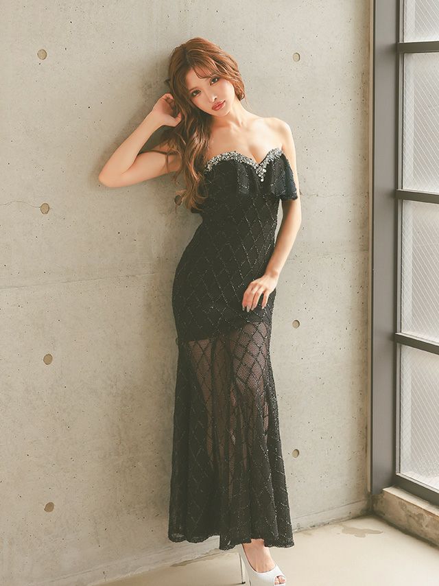 バストフリル ビジュー ベアトップ キャミソール ラメライン セクシー 2way タイトロングドレス