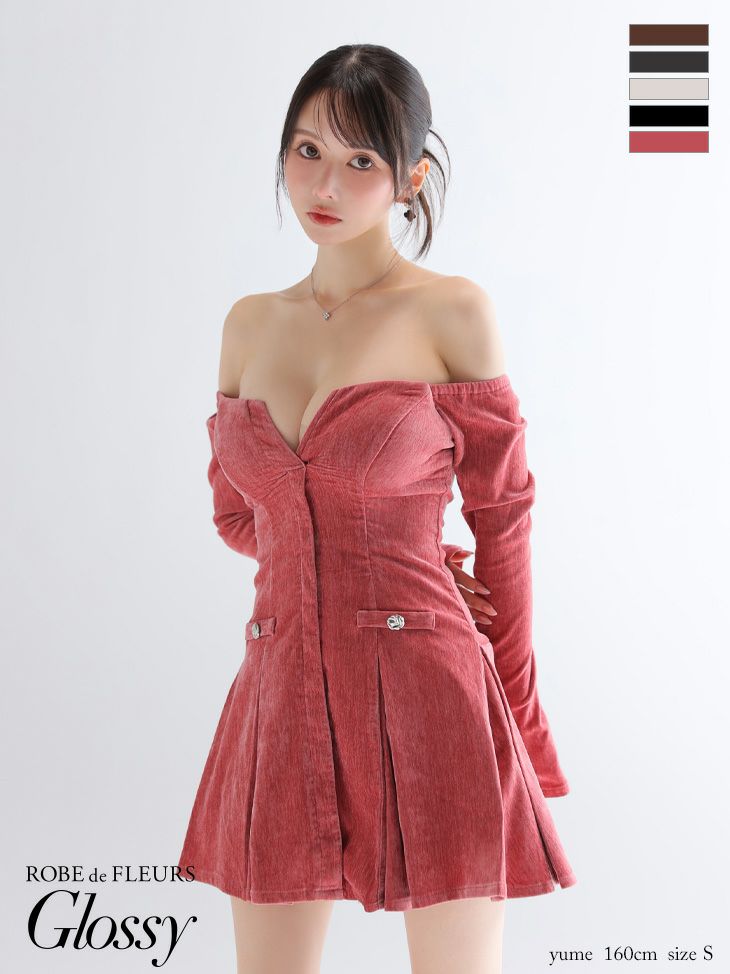 ラメニット プリーツスカート バストカット セクシー オフショルダー 長袖 フレアミニドレス