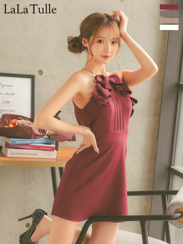 キャミソール パールショルダー フリルリボン ガーリー フレアミニドレス