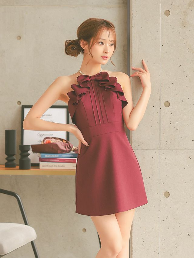 キャミソール パールショルダー フリルリボン ガーリー フレアミニドレス