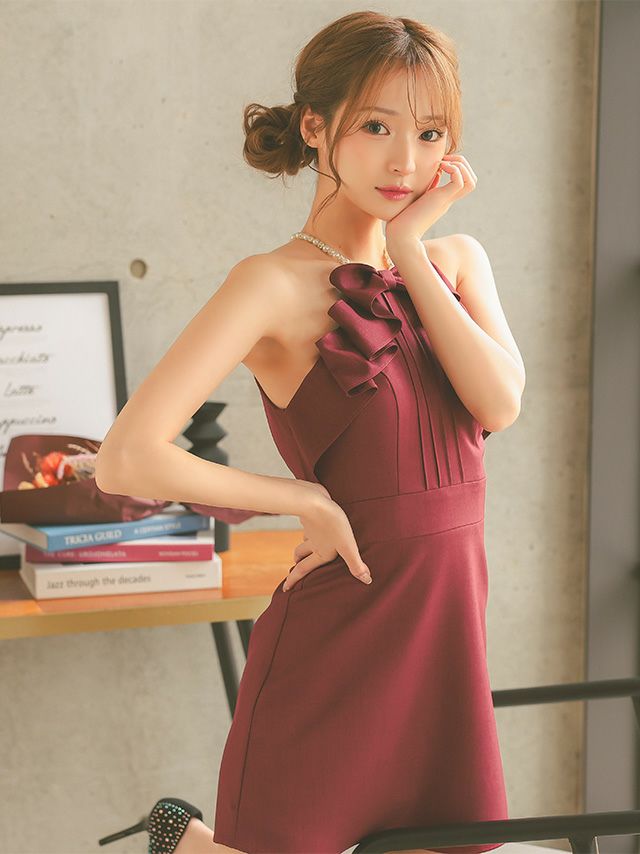 キャミソール パールショルダー フリルリボン ガーリー フレアミニドレス