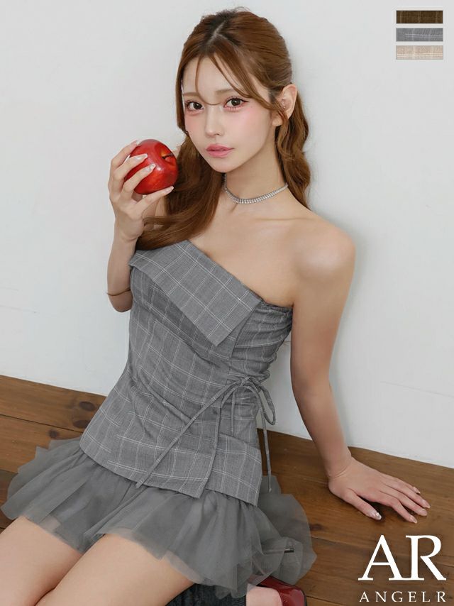 ベアトップ チュール フリル ガーリー チェック柄 Aラインミニドレス