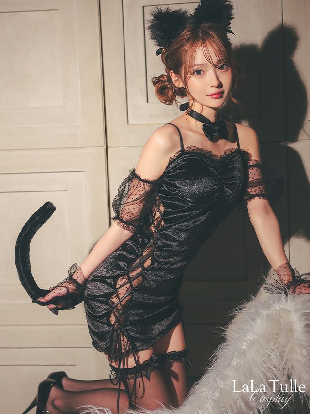ベロア ドット柄 レースアップ タイト セクシー アニマル 黒猫 衣装4点セット