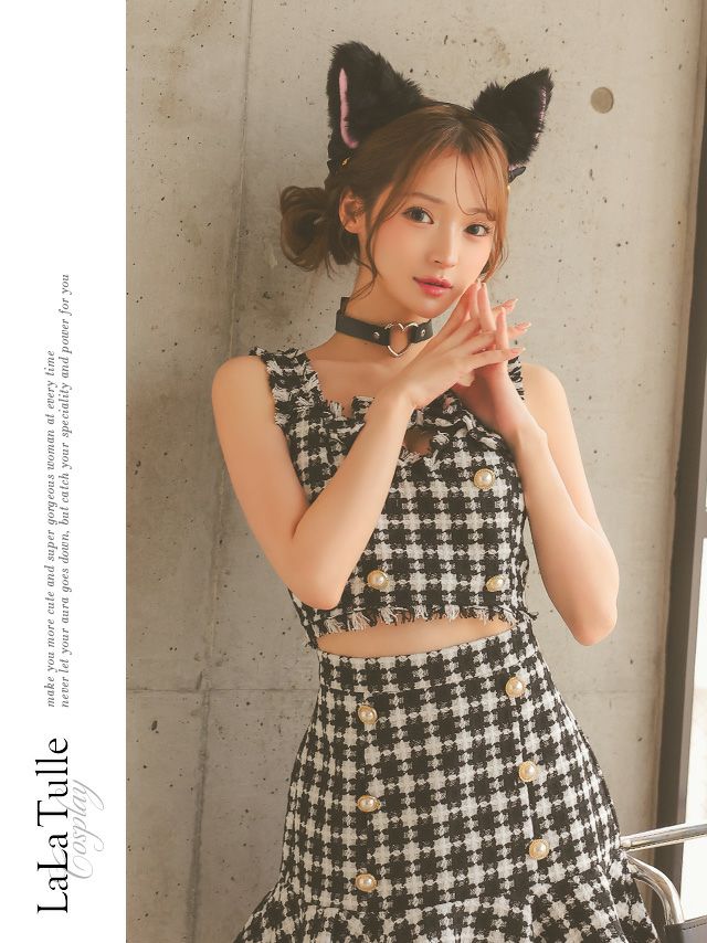 千鳥格子柄 セットアップ ツイード ガーリー パールボタン リボン 猫 アニマル 衣装5点セット