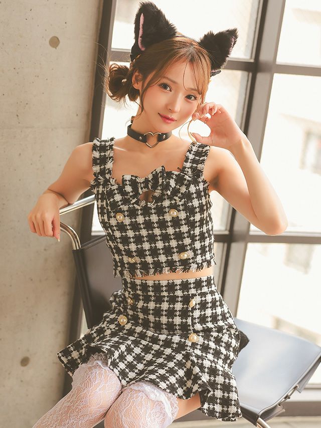 千鳥格子柄 セットアップ ツイード ガーリー パールボタン リボン 猫 アニマル 衣装5点セット