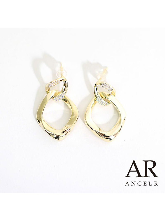 ウェーブデザイン ダブルフープ ビジューピアス