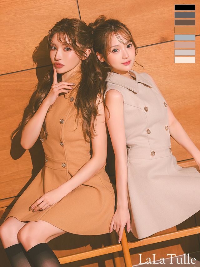 襟付き プリーツ ダブルボタン シンプル ノースリーブ メルトン フレアミニドレス