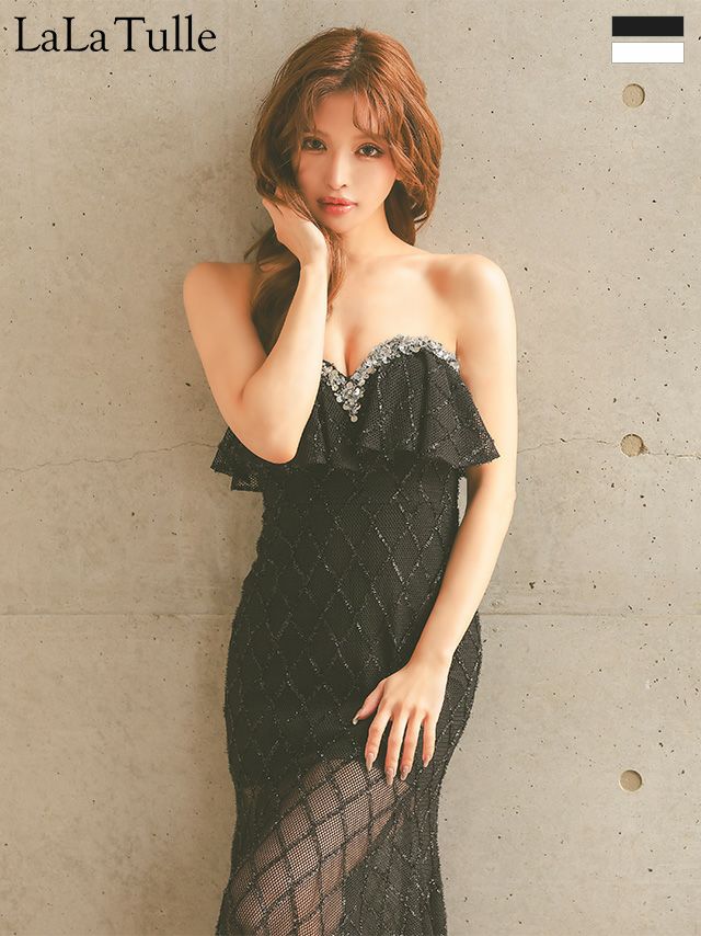 バストフリル ビジュー ベアトップ キャミソール ラメライン セクシー 2way タイトロングドレス