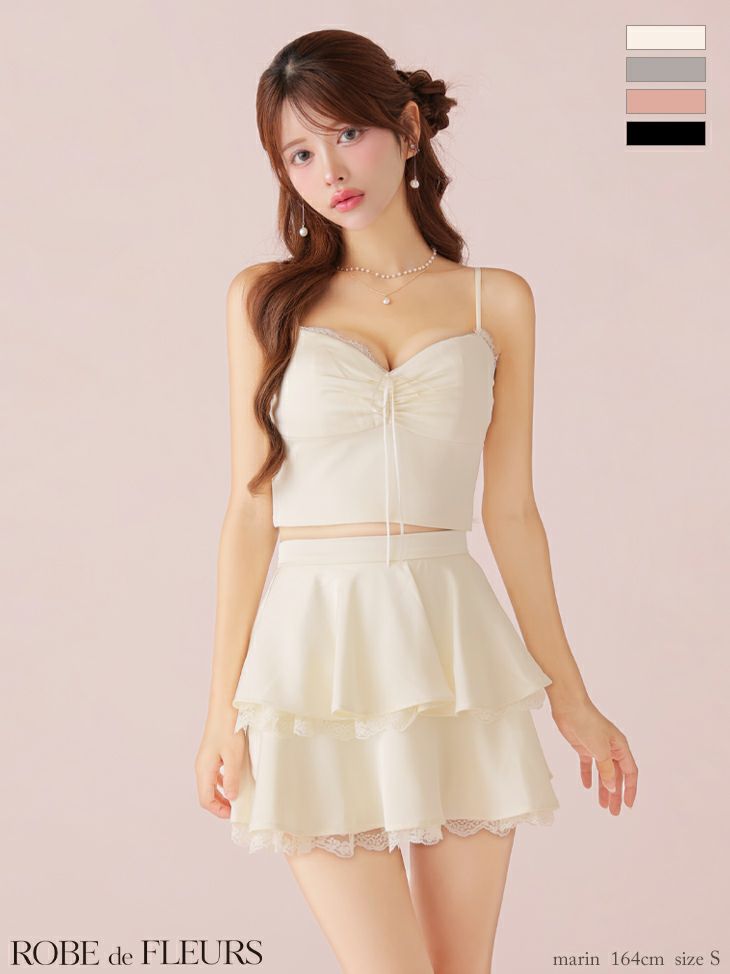 ギャザー ガーリー キャミソール ティアードスカート セットアップ リボン サテン レース フレアミニドレス