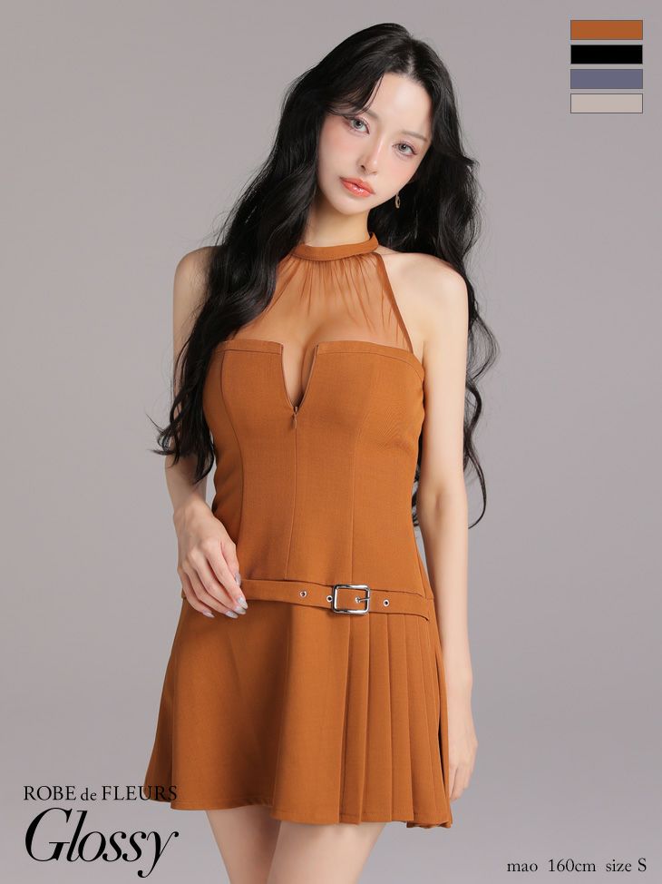 ホルターネック ジップデザイン プリーツスカート シアー チュールデザイン フレアミニドレス