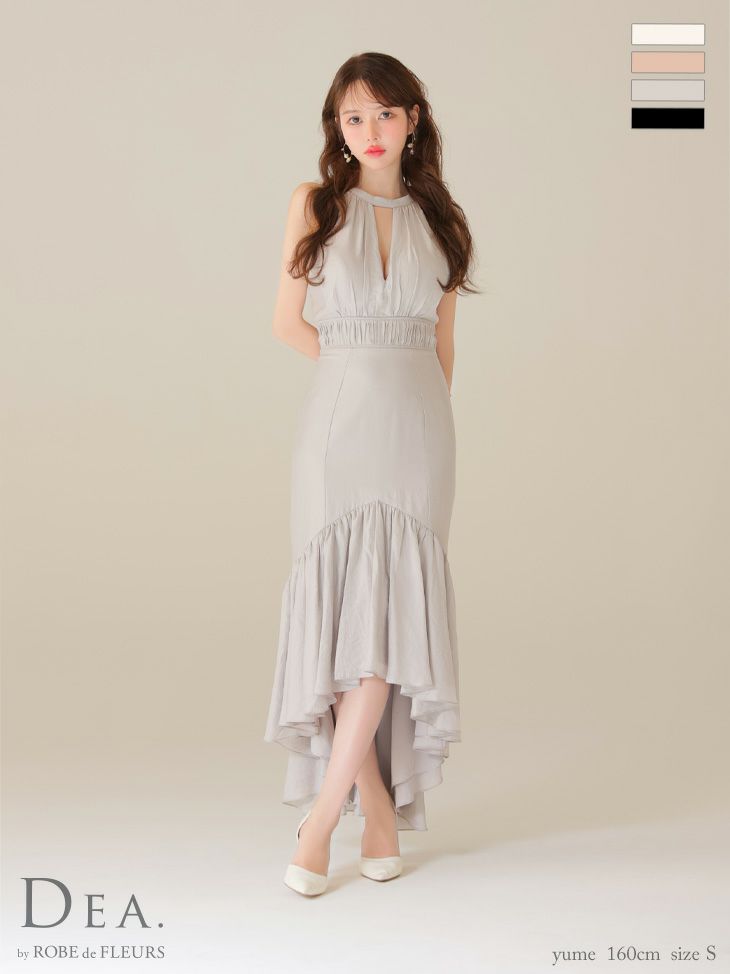 エレガント ホルターネック リボン バストカット ウエストギャザー バックオープン オーガンジー サテン Aラインロングドレス