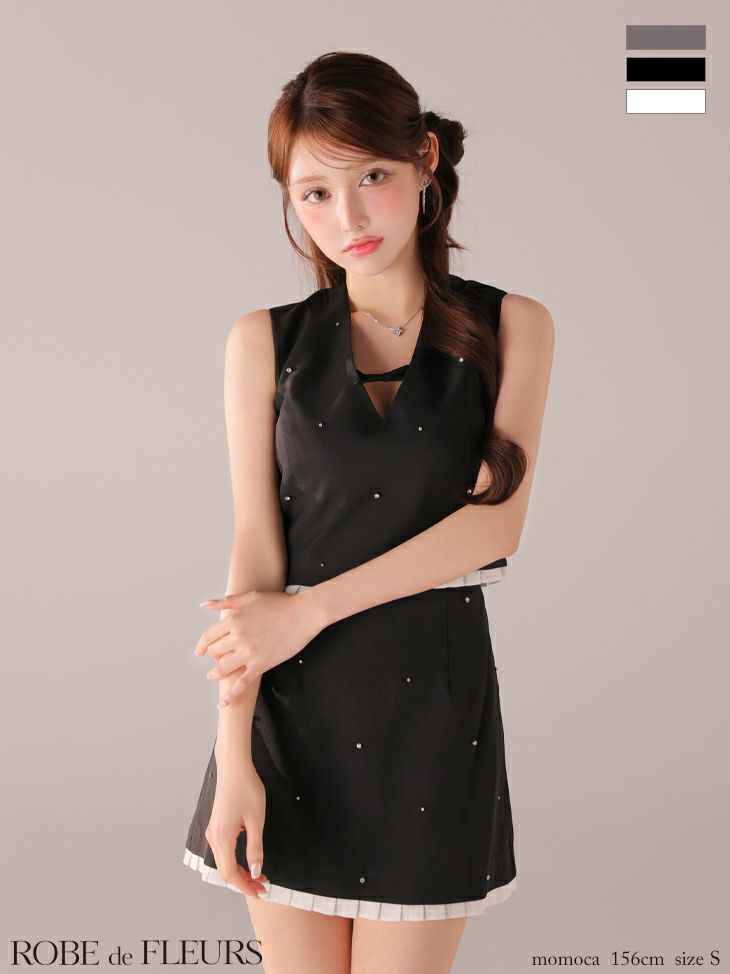 バストリボン ストーン付き セットアップ ノースリーブ ガーリー フレアミニドレス