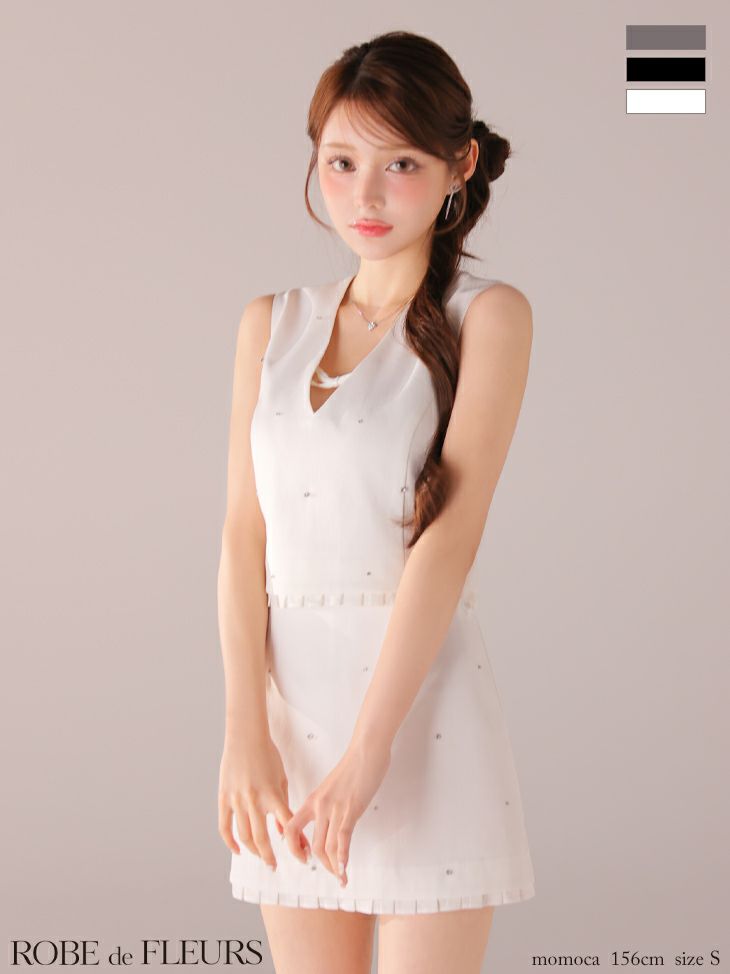 バストリボン ストーン付き セットアップ ノースリーブ ガーリー フレアミニドレス