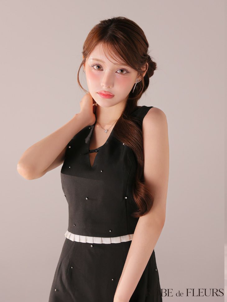 バストリボン ストーン付き セットアップ ノースリーブ ガーリー フレアミニドレス