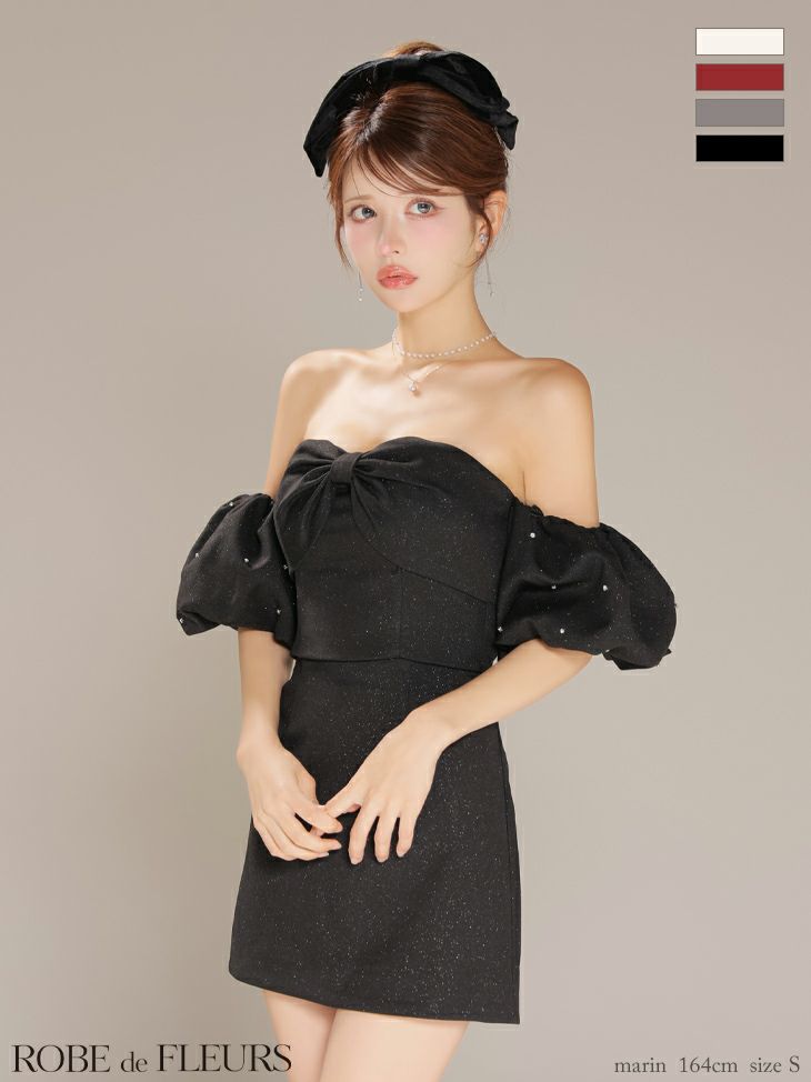 ビックリボン オフショルダー パフスリーブ セットアップ ガーリー タイトミニドレス