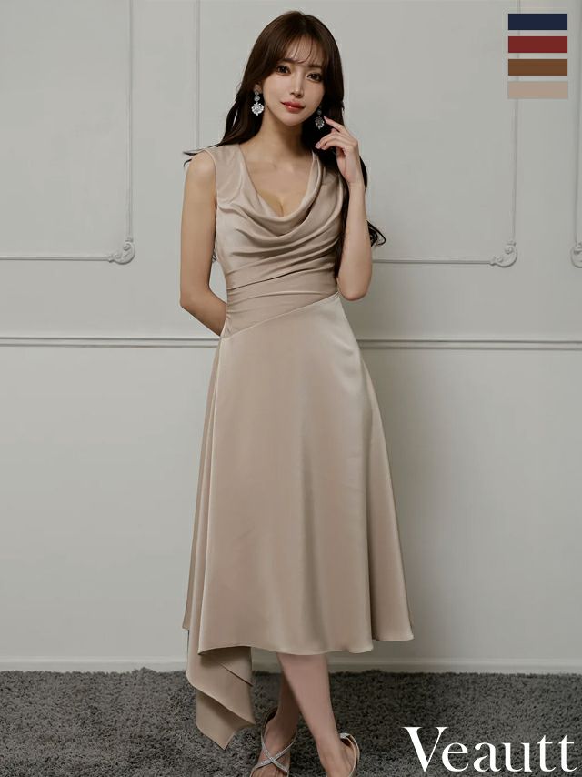 ノースリーブ バストドレープ エレガント アシンメトリー ワンカラー シンプル Aラインロングドレス