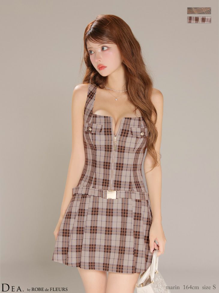 ノースリーブ ウエストベルト チェック柄 ジップデザイン Vカット タイトミニドレス