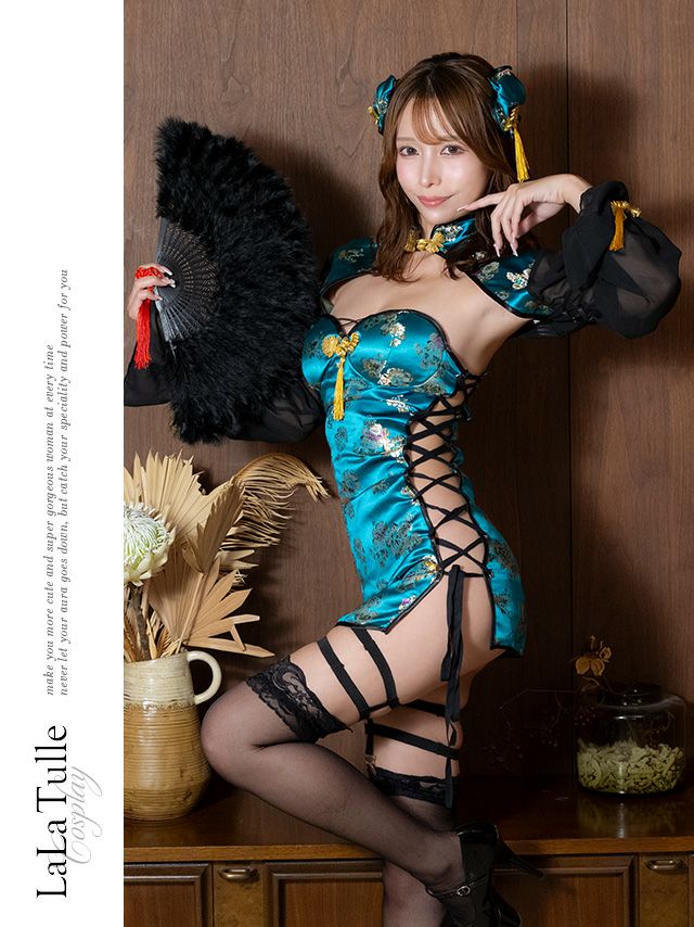 チャイナドレス 谷間 サイドレースアップ セクシー サテン 長袖 衣装5点セット