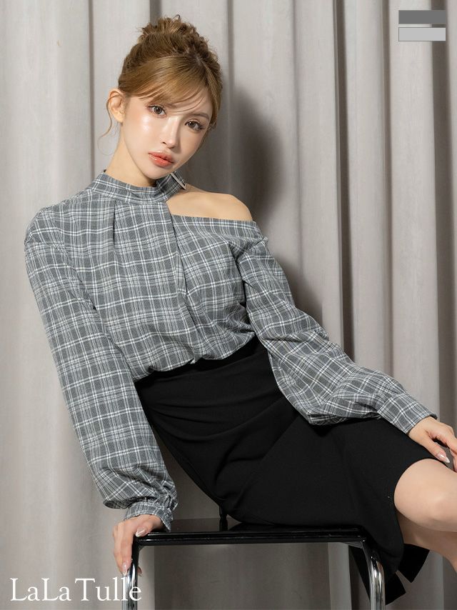 チェック柄 長袖 モノトーン 肩あき チョーカー風 長袖 モノトーン タイト 膝丈ドレス