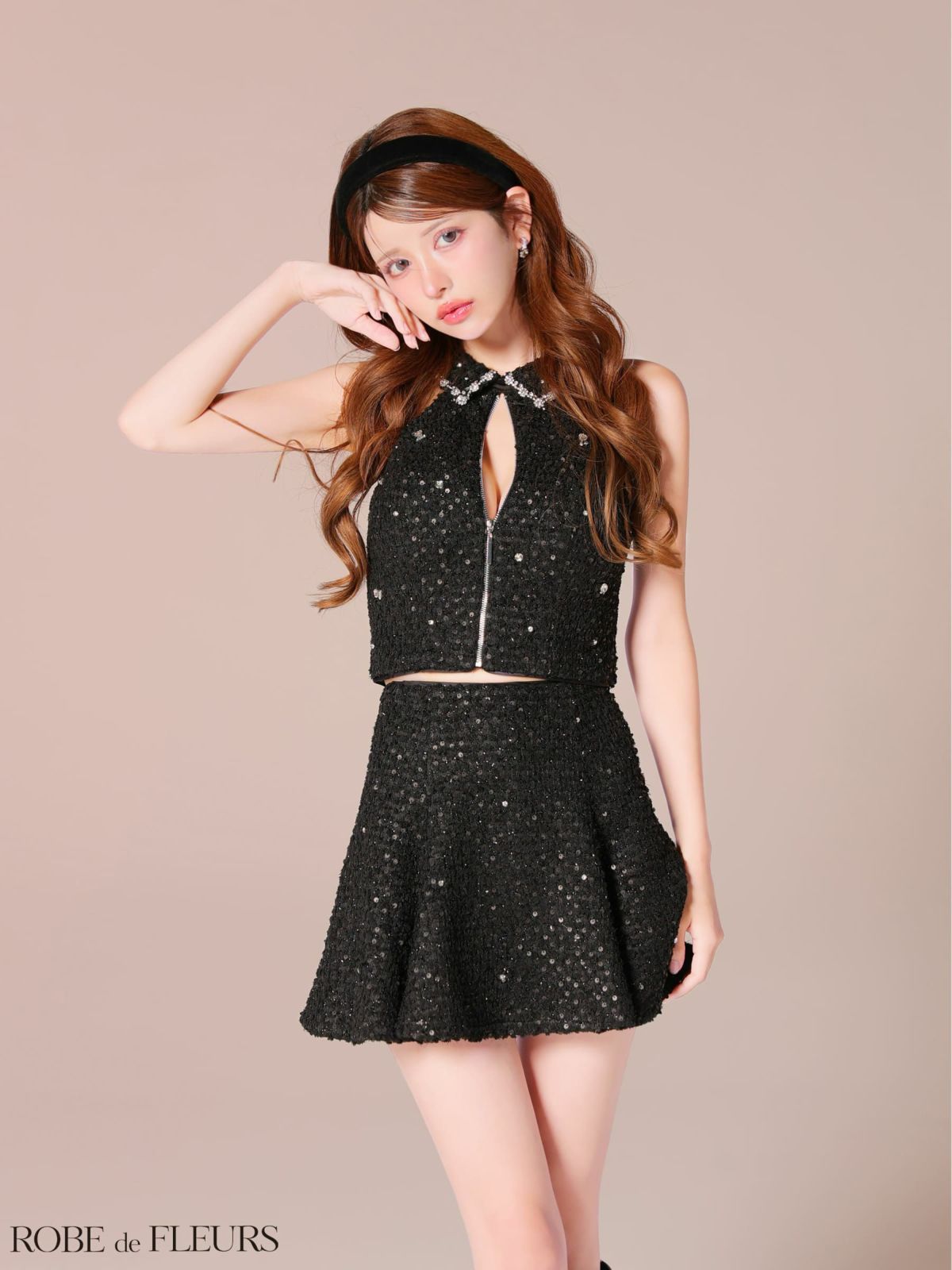 ガーリー 襟付き ホルターネック ノースリーブ ジップデザイン フラワーレース スパンコール ツイード セットアップ フレアミニドレス