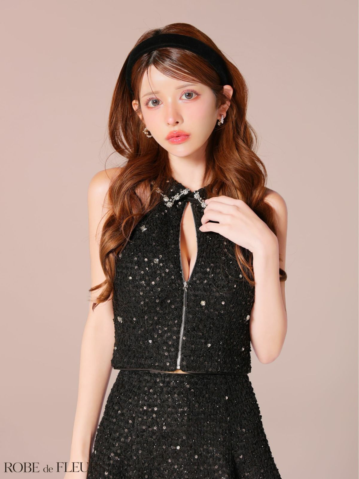 ガーリー 襟付き ホルターネック ノースリーブ ジップデザイン フラワーレース スパンコール ツイード セットアップ フレアミニドレス