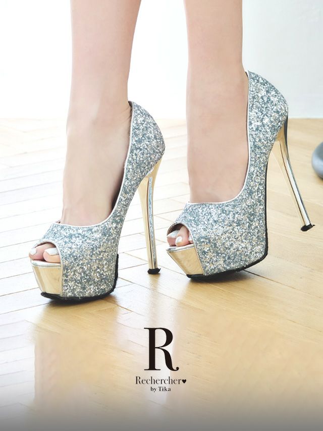 キャバヒール グリッター オープントゥ パンプス(