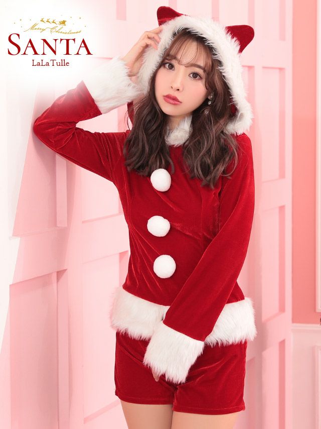 2点セット 猫耳フーディー＆ショートパンツ セットアップアニマル サンタコスプレ
