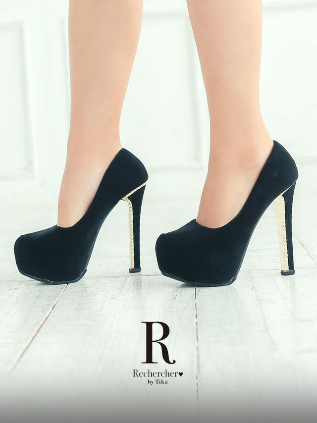 キャバヒール スエード 厚底 アーモンドトゥ ワンカラー パンプス