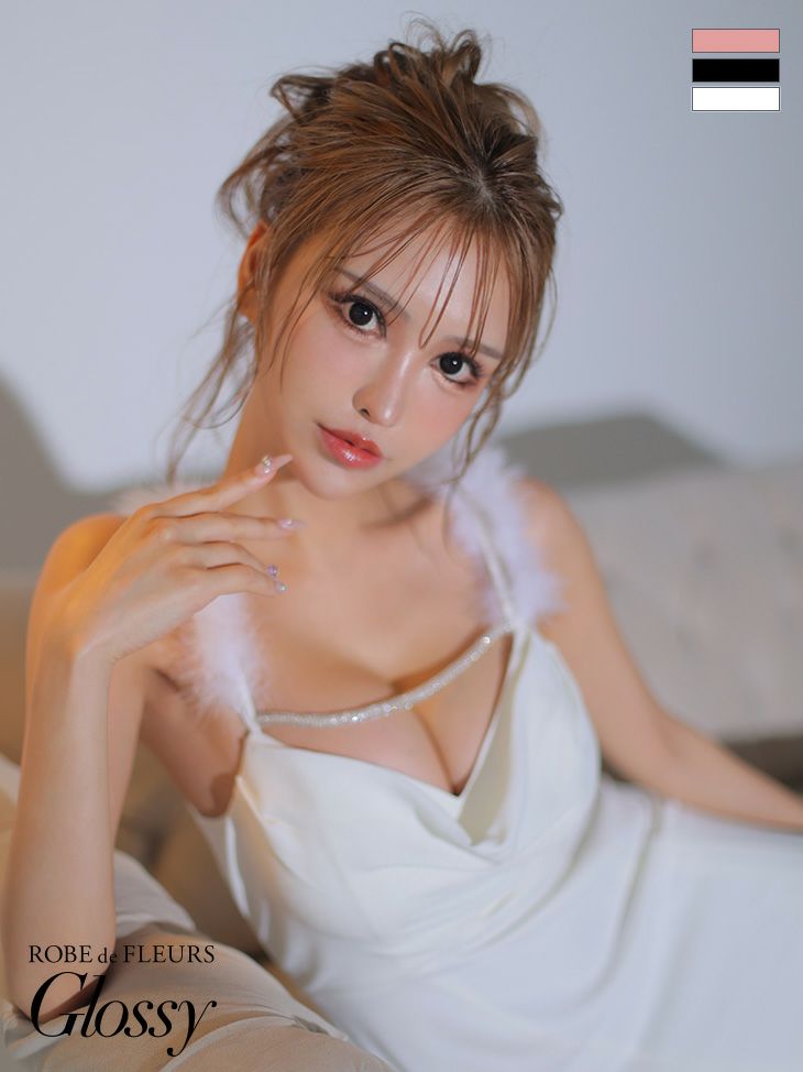 キャミソール ファー ストラップ デコルテ ビジューライン 花柄サイドレース フレア ロングドレス