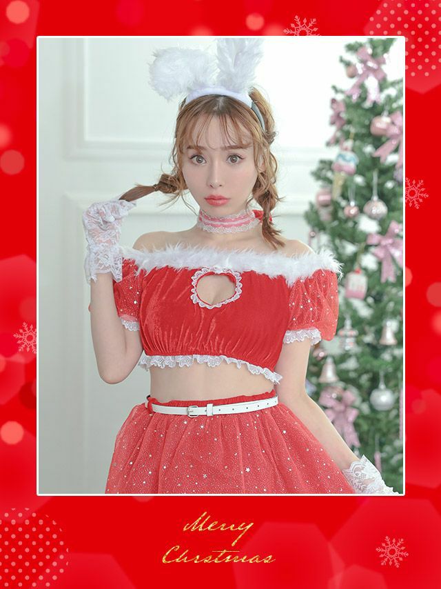 5点セット バストハートカット オフショルダー チュール 半袖 フレアミニ ウエストベルト バニー アニマル サンタコスプレ