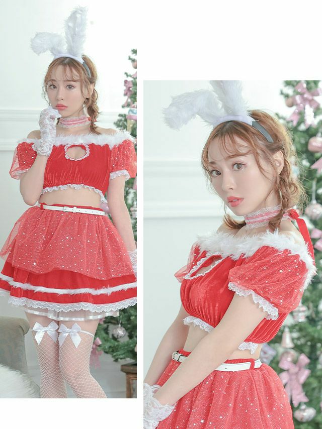 5点セット バストハートカット オフショルダー チュール 半袖 フレアミニ ウエストベルト バニー アニマル サンタコスプレ