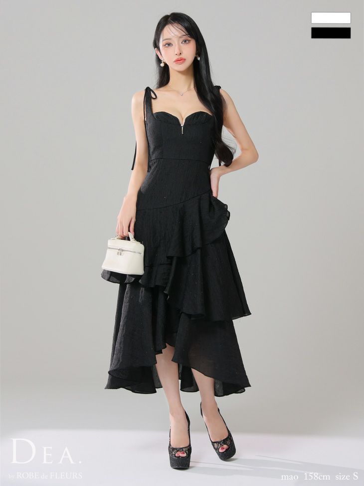 ノースリーブ リボン オープンバスト ジップデザイン ビジュー ジャガード フリル ティアード ドット柄 エレガント Aラインロングドレス