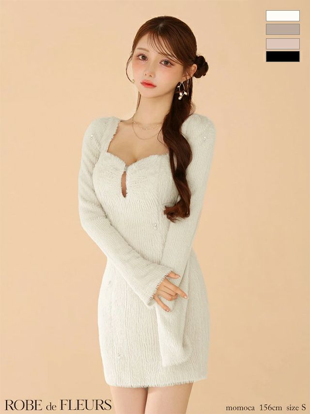 フェザーニット パール 長袖 シンプル ハートカット タイトミニドレス