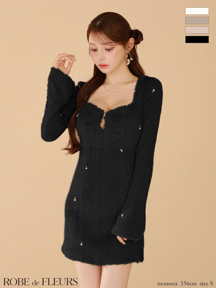 フェザーニット パール 長袖 シンプル ハートカット タイトミニドレス