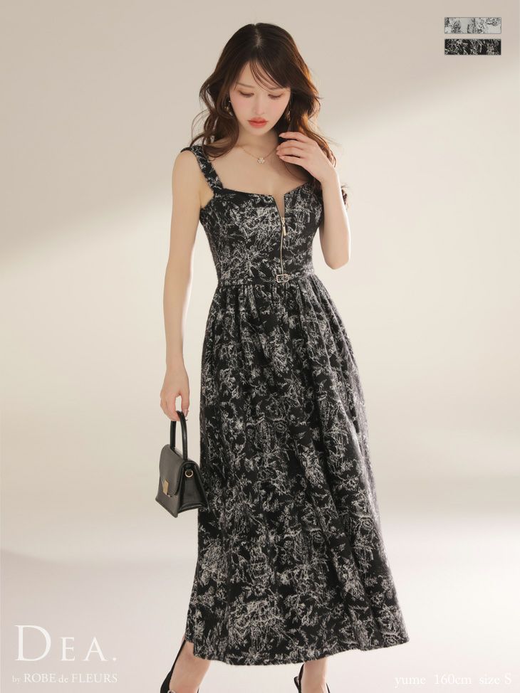 ノースリーブ ジップデザイン ベルトデザイン ジャガード エレガント Aラインロングドレス