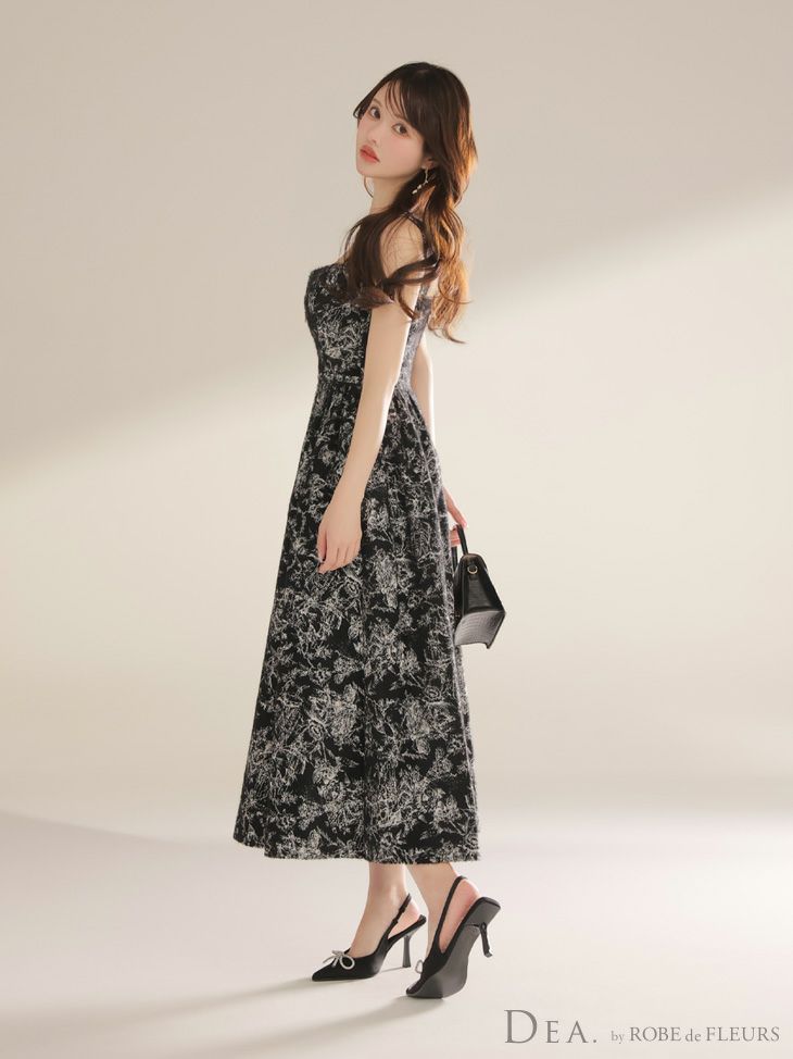 ノースリーブ ジップデザイン ベルトデザイン ジャガード エレガント Aラインロングドレス