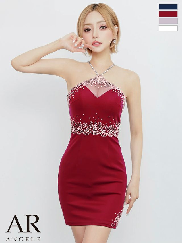 ホルターネック ビジュー vカット バストシアー クロスストラップ セクシー タイトミニドレス