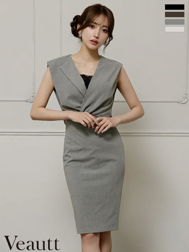 ノースリーブ バックオープン ウエストカット セクシー レースインナー付き タイト 膝丈ドレス