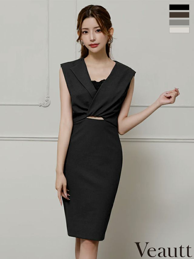 ノースリーブ バックオープン ウエストカット セクシー レースインナー付き タイト 膝丈ドレス