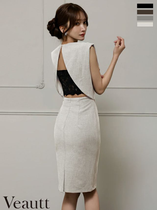 ノースリーブ バックオープン ウエストカット セクシー レースインナー付き タイト 膝丈ドレス