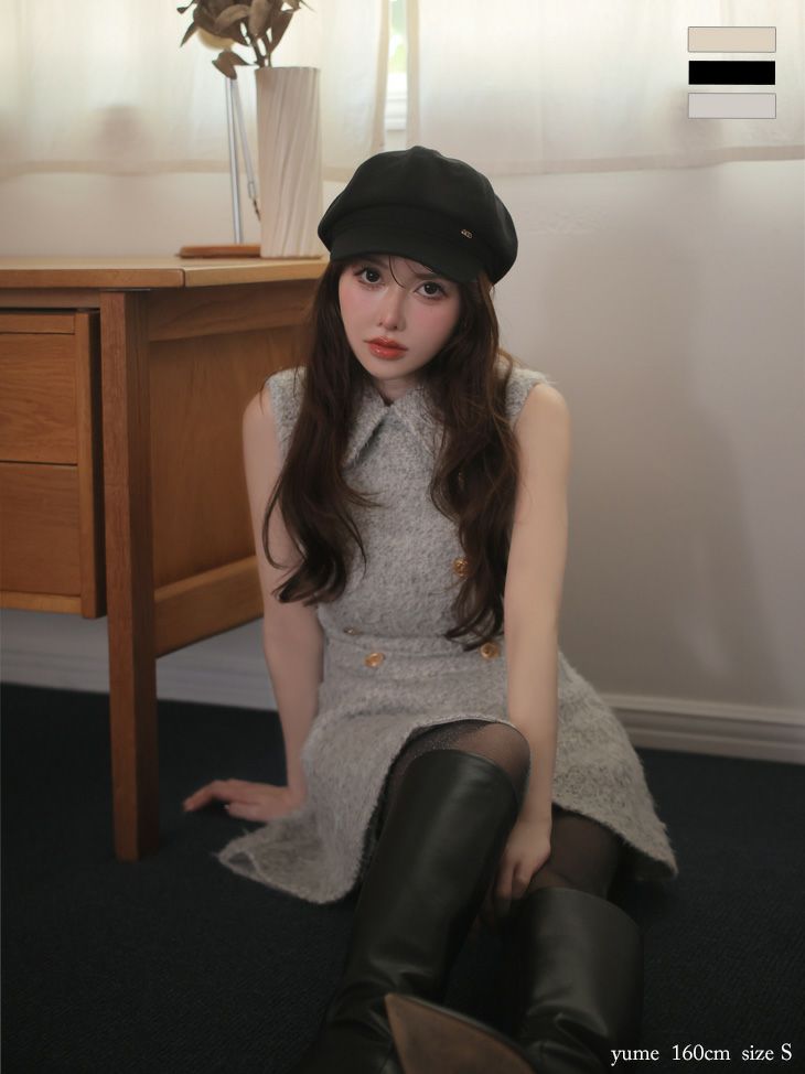 襟付き シンプル ノースリーブ ダブルボタン シャギーウール クラシカル フレアミニドレス