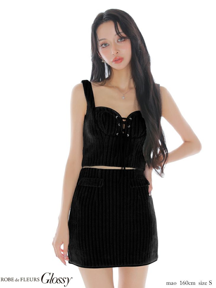 セットアップ ノースリーブ レースアップ コーデュロイ タイトミニドレス