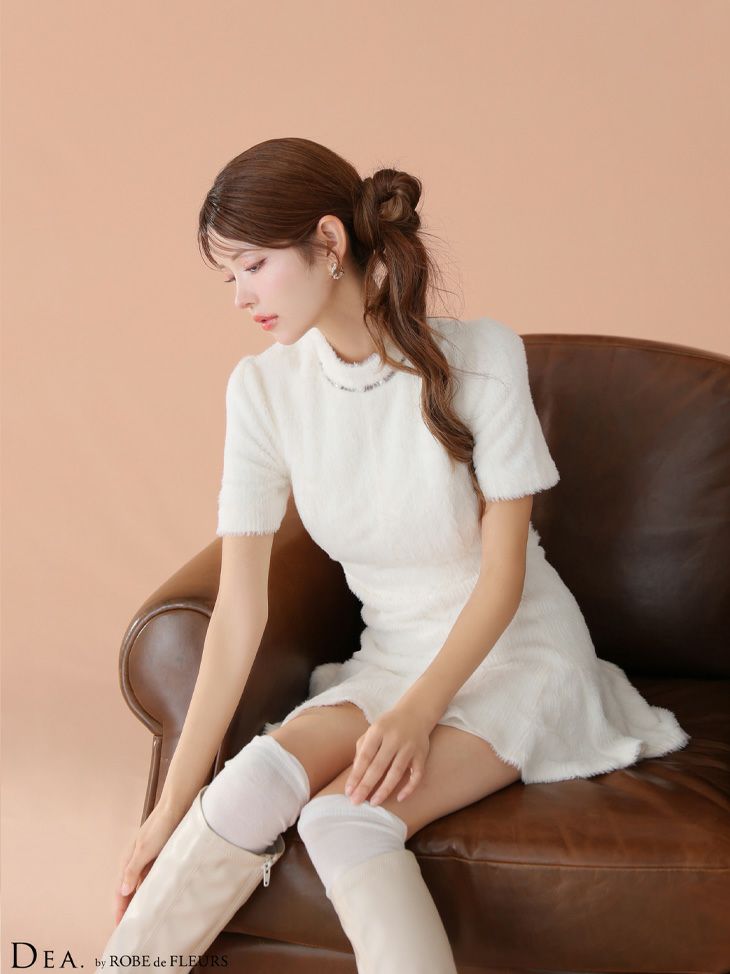 バックオープン 袖あり 起毛ニット ハイネック クラシカル フレアミニドレス